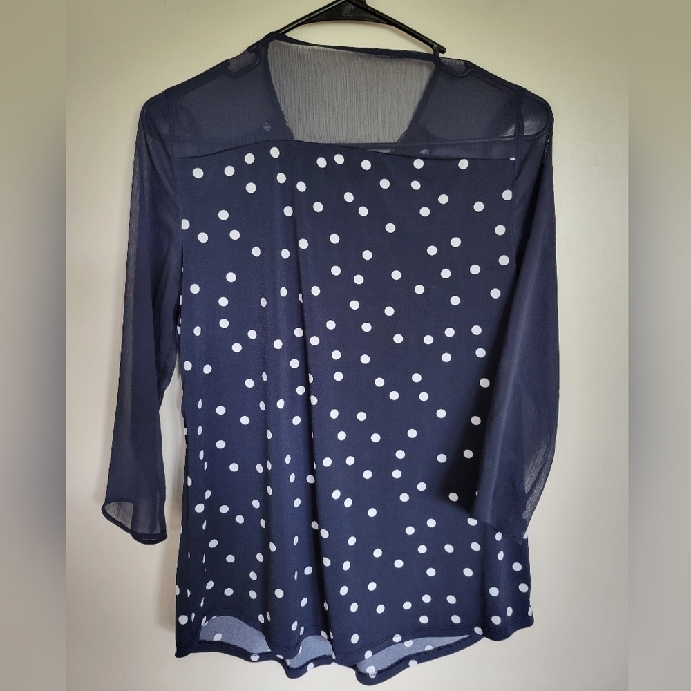 Ellen Tracy Women's Navy Polka Dot Front Zipper Blouse Size Small - Picture 2 of 4